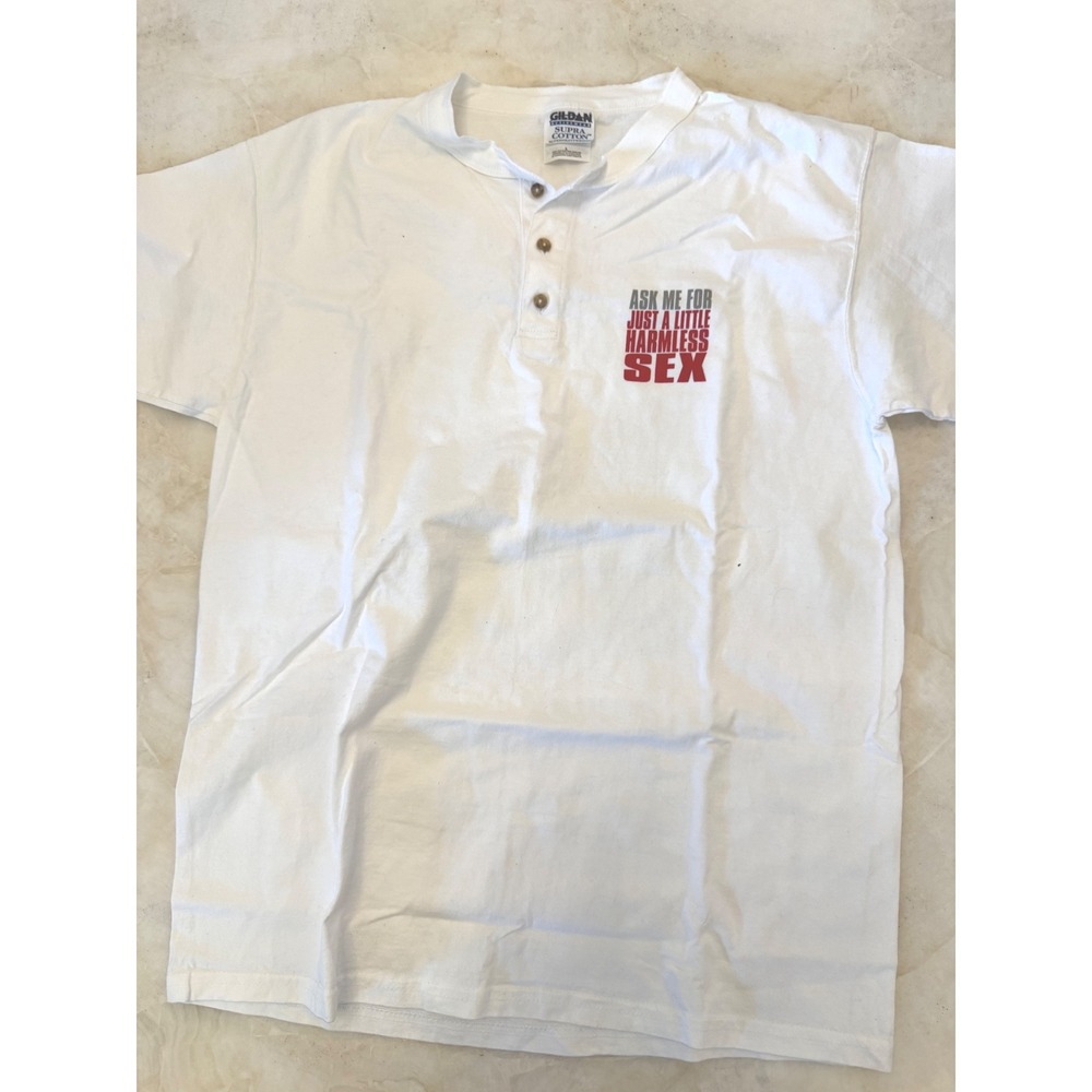 Gildan Supra Cotton Henley Shirt White Graphic Harmless Sex Mens Large T-040